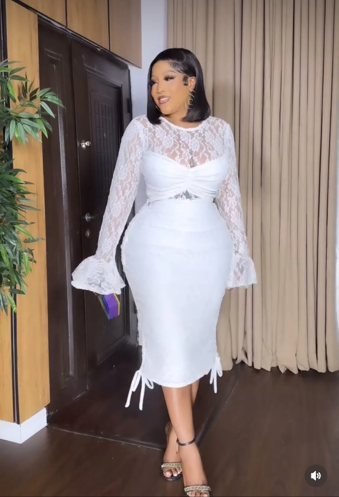 CM.YAYA 2025 Long Flare Sleeve See-through Dress Women Drawstring Sexy Slim Elastic Mini Dresses Lady Club Party Evening Night