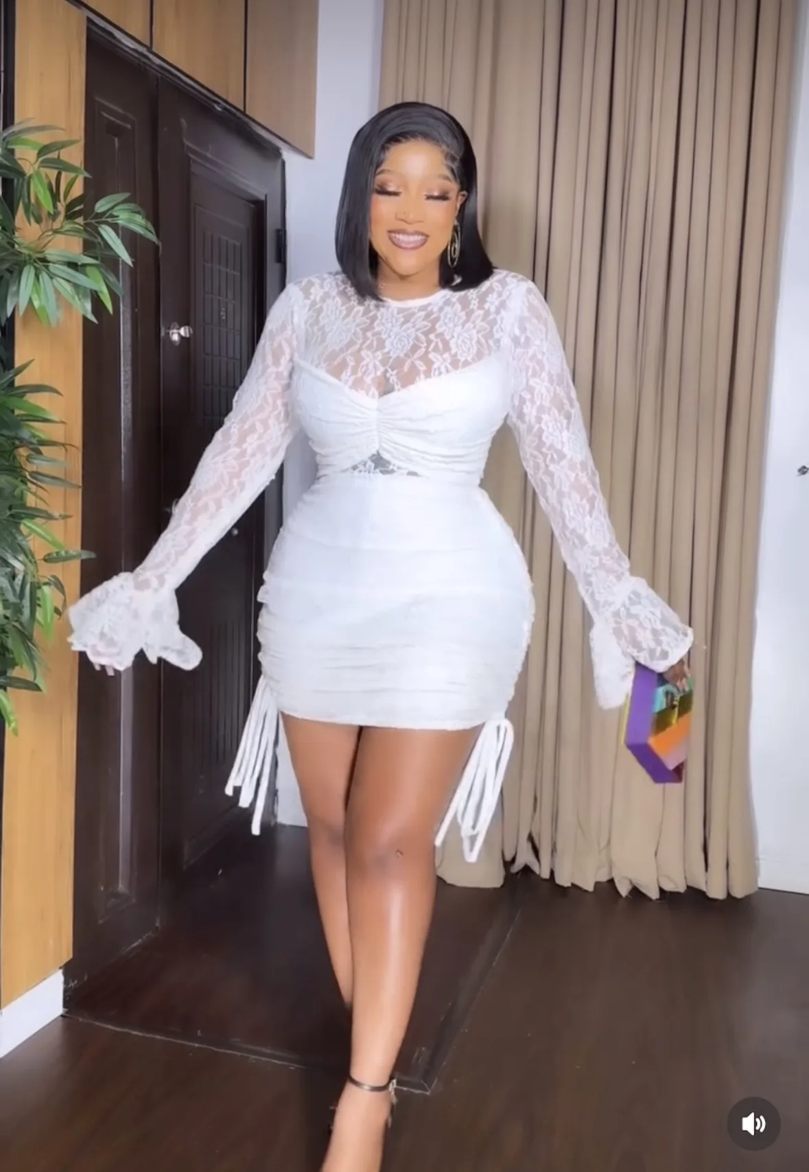 CM.YAYA 2025 Long Flare Sleeve See-through Dress Women Drawstring Sexy Slim Elastic Mini Dresses Lady Club Party Evening Night