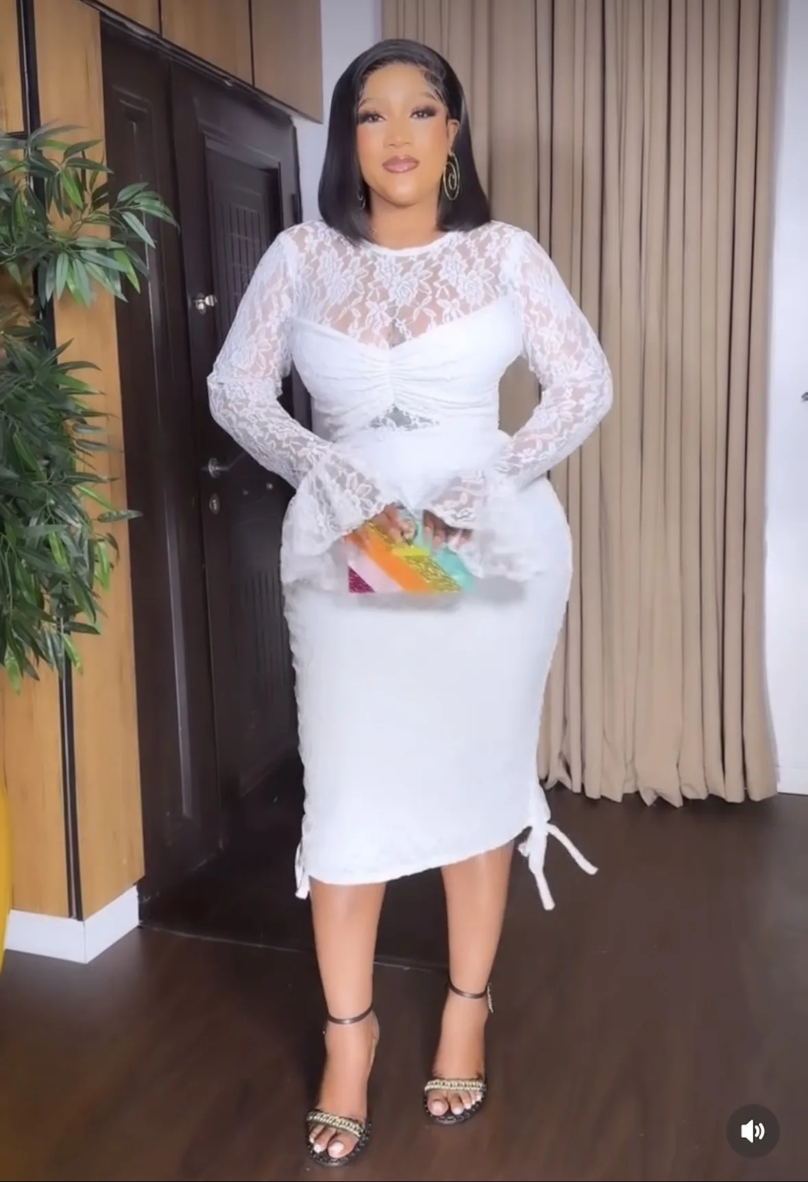 CM.YAYA 2025 Long Flare Sleeve See-through Dress Women Drawstring Sexy Slim Elastic Mini Dresses Lady Club Party Evening Night