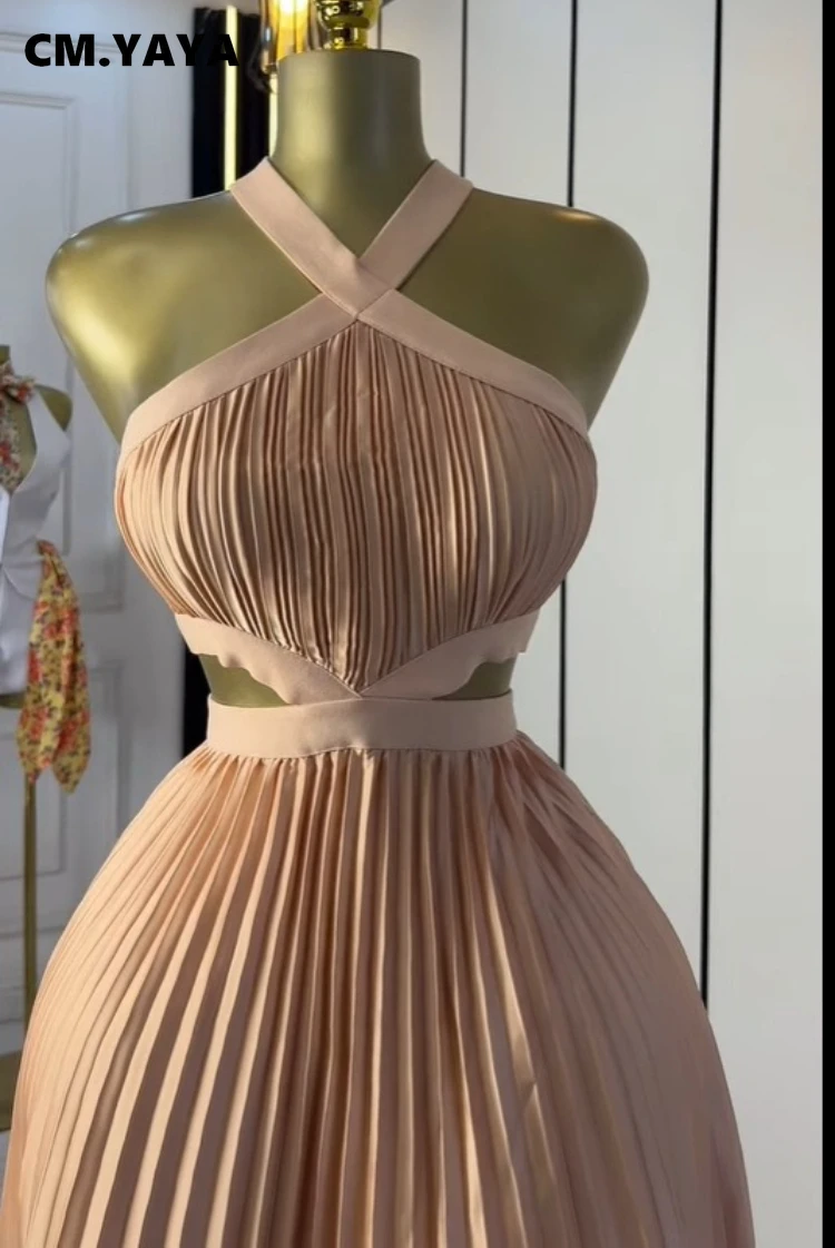 CM.YAYA Women Halter Neck Sleeveless Cutout Back Pleated A-line Maxi Long Dress Summer Birthday Vacation Beach Holiday Dresses CM.YAYA Women Halter Neck Sleeveless Cutout Back Pleated A-line Maxi Long Dress Summer Birthday Vacation Beach Holiday Dresses