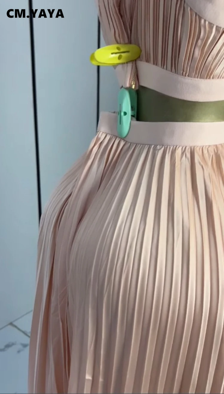 CM.YAYA Women Halter Neck Sleeveless Cutout Back Pleated A-line Maxi Long Dress Summer Birthday Vacation Beach Holiday Dresses