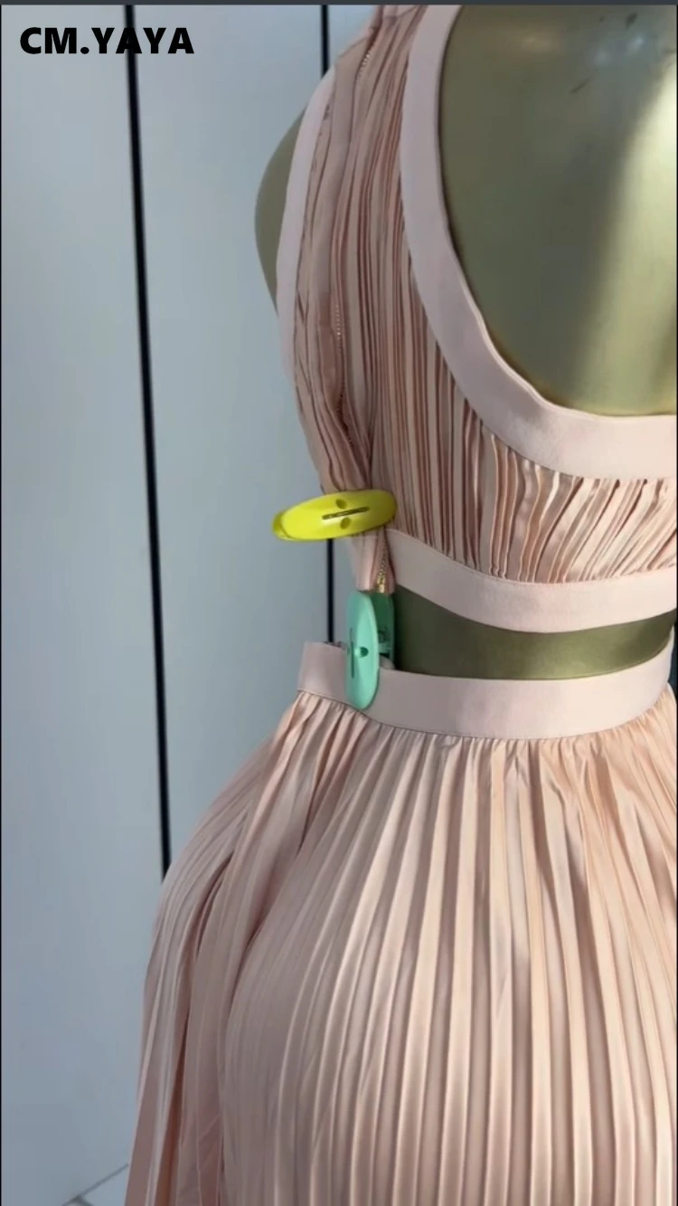 CM.YAYA Women Halter Neck Sleeveless Cutout Back Pleated A-line Maxi Long Dress Summer Birthday Vacation Beach Holiday Dresses