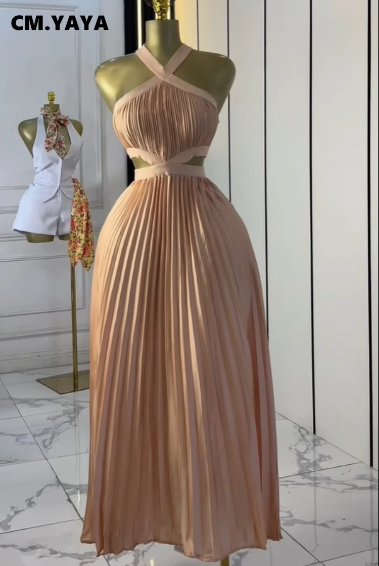 CM.YAYA Women Halter Neck Sleeveless Cutout Back Pleated A-line Maxi Long Dress Summer Birthday Vacation Beach Holiday Dresses CM.YAYA Women Halter Neck Sleeveless Cutout Back Pleated A-line Maxi Long Dress Summer Birthday Vacation Beach Holiday Dresses