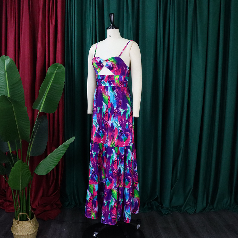 CMYAYA Elegant Women Spaghetti Strap Cutout Waist High Waist Big Swing Fit and Flare Maxi Long Dress 2022 Beach Sexy Boho Dress