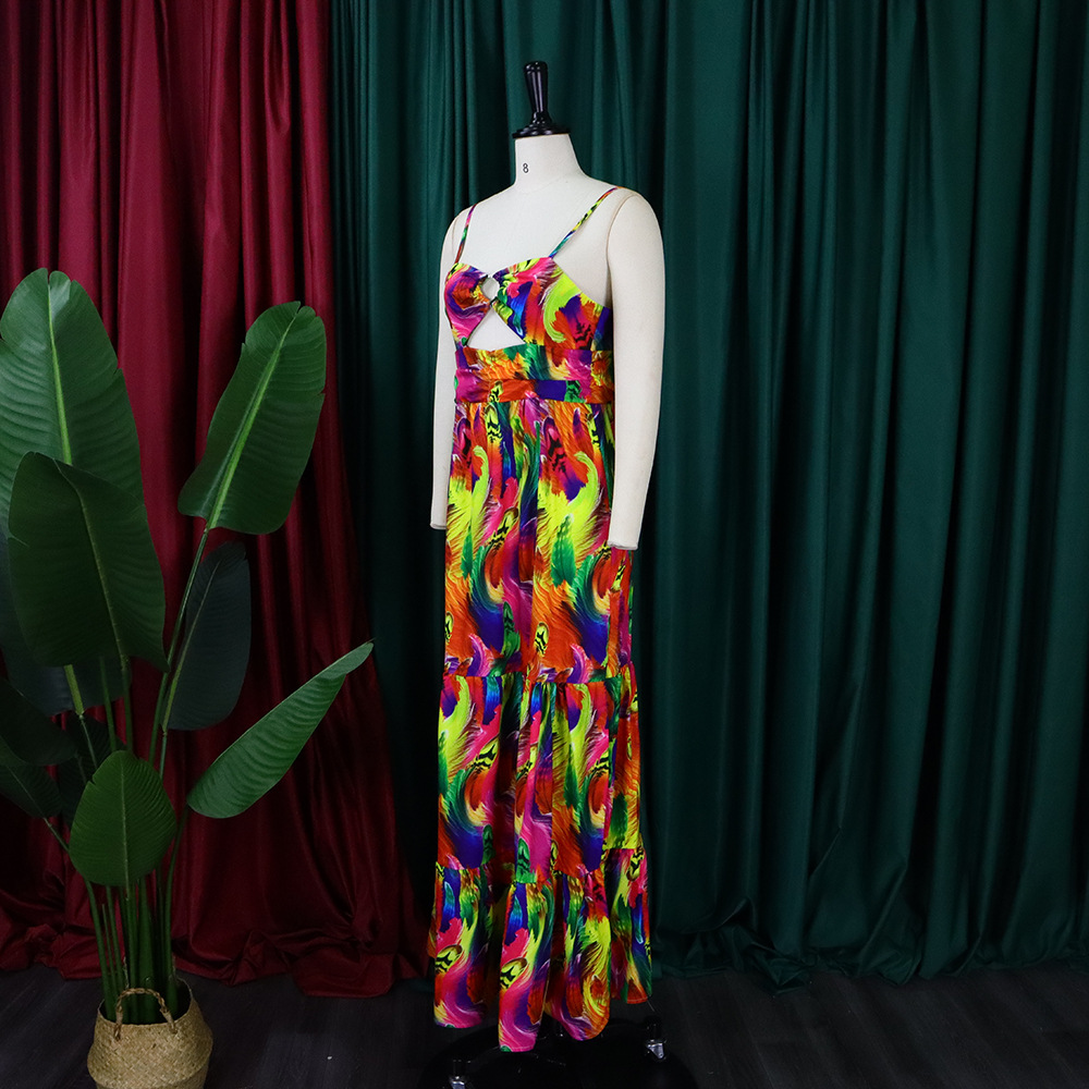 CMYAYA Elegant Women Spaghetti Strap Cutout Waist High Waist Big Swing Fit and Flare Maxi Long Dress 2022 Beach Sexy Boho Dress