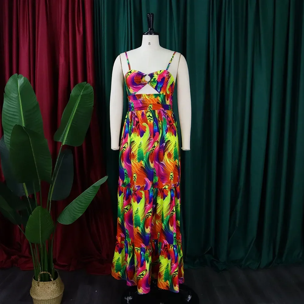 CMYAYA Elegant Women Spaghetti Strap Cutout Waist High Waist Big Swing Fit and Flare Maxi Long Dress 2022 Beach Sexy Boho Dress