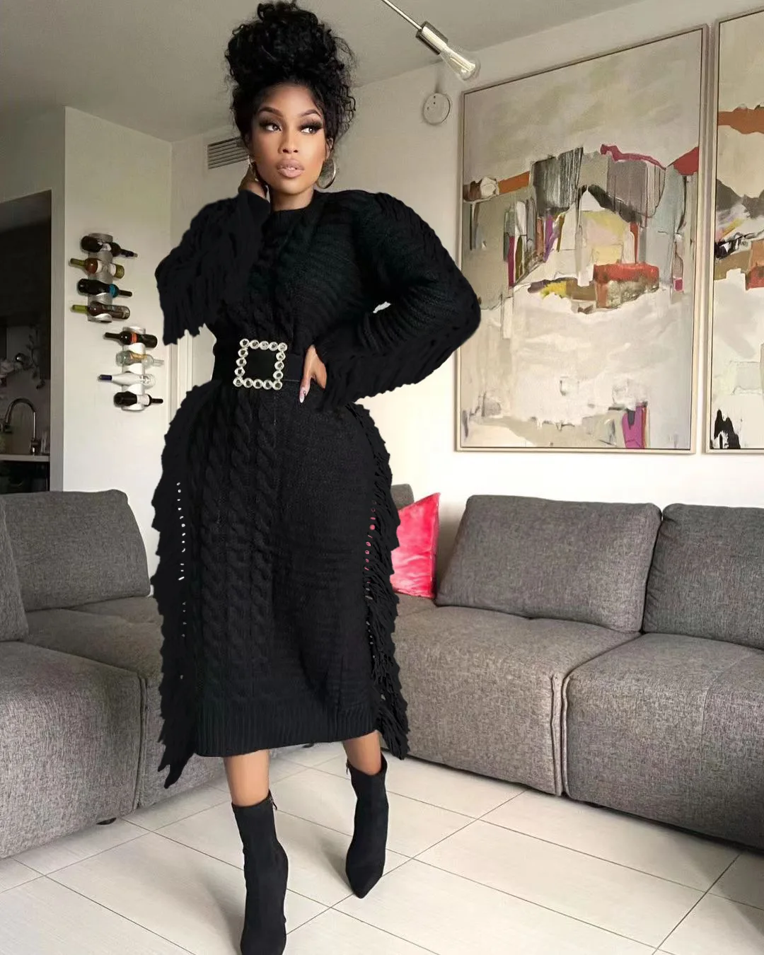 CM.YAYA Women Long Sleeve Tassel Bodycon Midi Knit Straight Maxi Dress 2023 Autumn Winter O-neck Sweater Vestidos Dresses