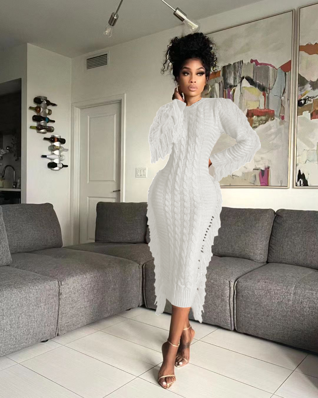 CM.YAYA Women Long Sleeve Tassel Bodycon Midi Knit Straight Maxi Dress 2023 Autumn Winter O-neck Sweater Vestidos Dresses