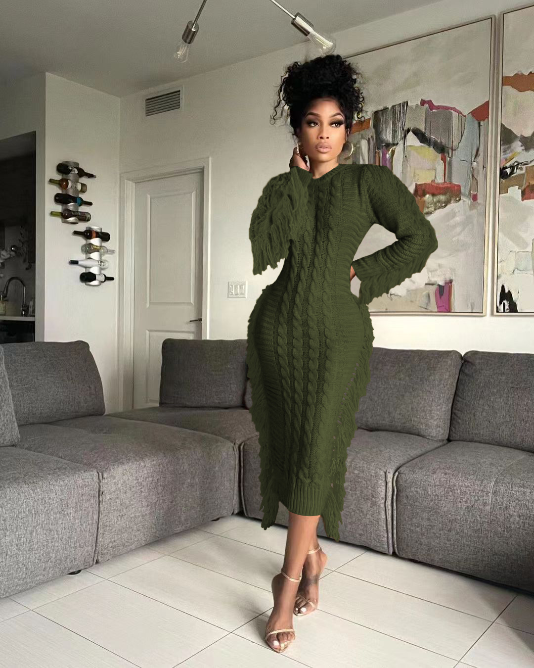 CM.YAYA Women Long Sleeve Tassel Bodycon Midi Knit Straight Maxi Dress 2023 Autumn Winter O-neck Sweater Vestidos Dresses