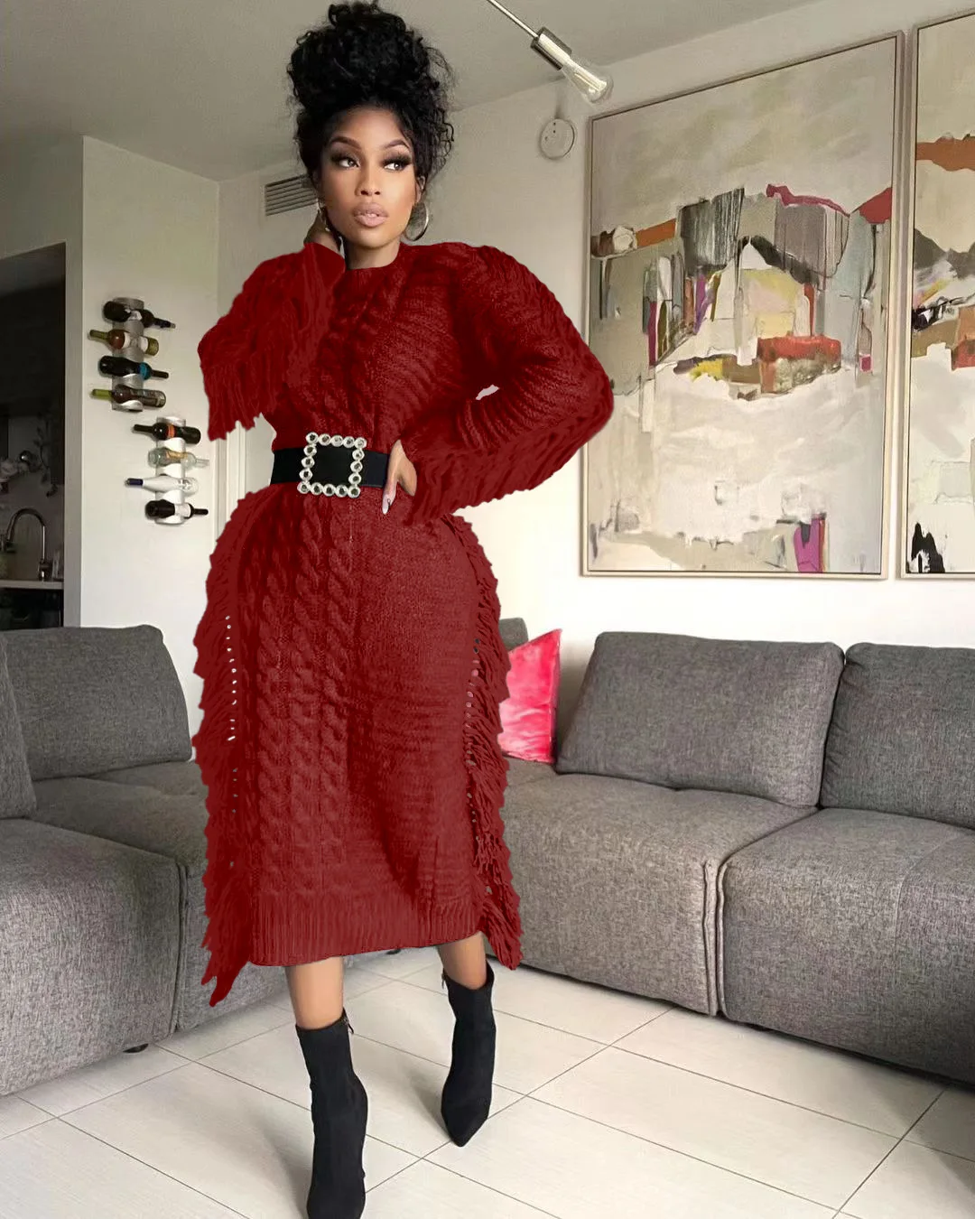 CM.YAYA Women Long Sleeve Tassel Bodycon Midi Knit Straight Maxi Dress 2023 Autumn Winter O-neck Sweater Vestidos Dresses