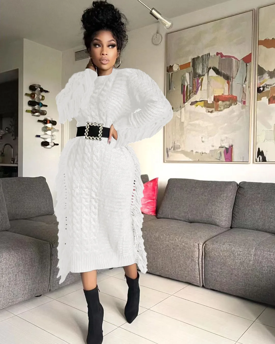 CM.YAYA Women Long Sleeve Tassel Bodycon Midi Knit Straight Maxi Dress 2023 Autumn Winter O-neck Sweater Vestidos Dresses