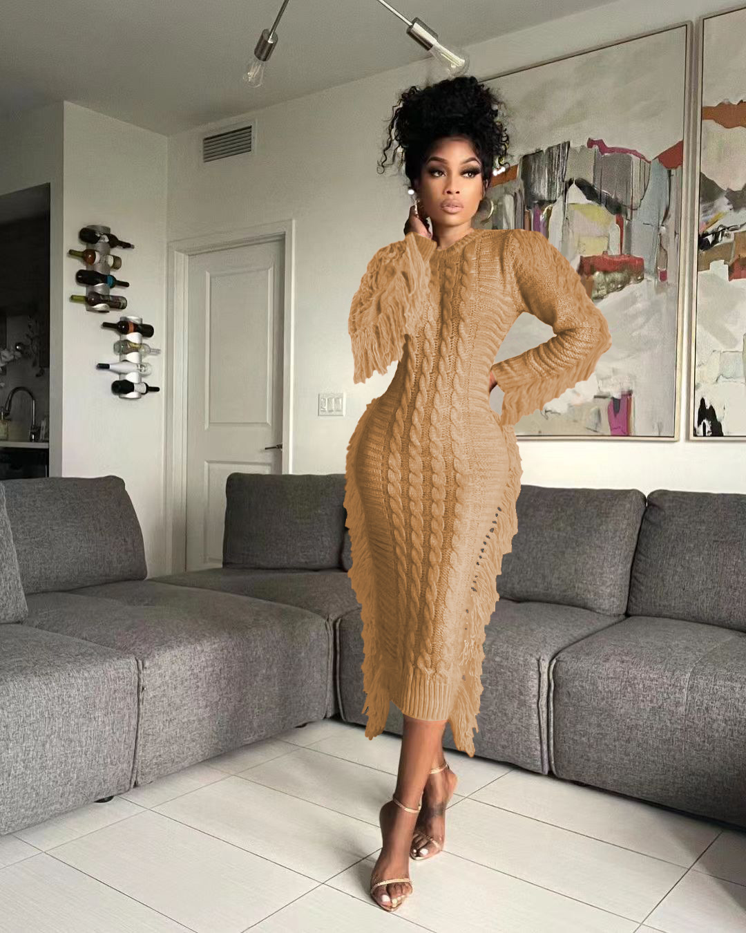 CM.YAYA Women Long Sleeve Tassel Bodycon Midi Knit Straight Maxi Dress 2023 Autumn Winter O-neck Sweater Vestidos Dresses
