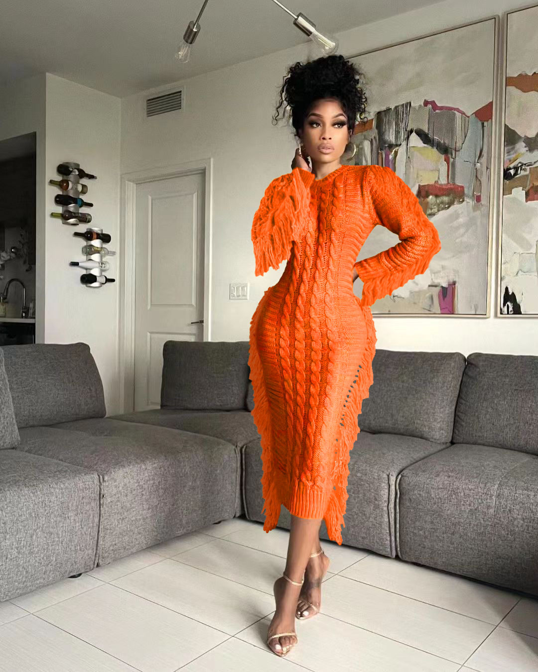 CM.YAYA Women Long Sleeve Tassel Bodycon Midi Knit Straight Maxi Dress 2023 Autumn Winter O-neck Sweater Vestidos Dresses