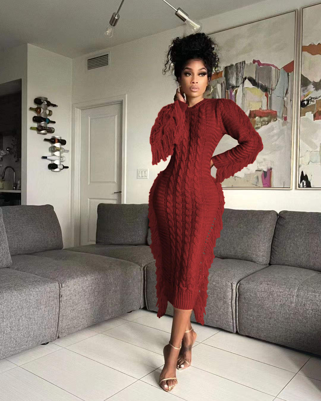 CM.YAYA Women Long Sleeve Tassel Bodycon Midi Knit Straight Maxi Dress 2023 Autumn Winter O-neck Sweater Vestidos Dresses