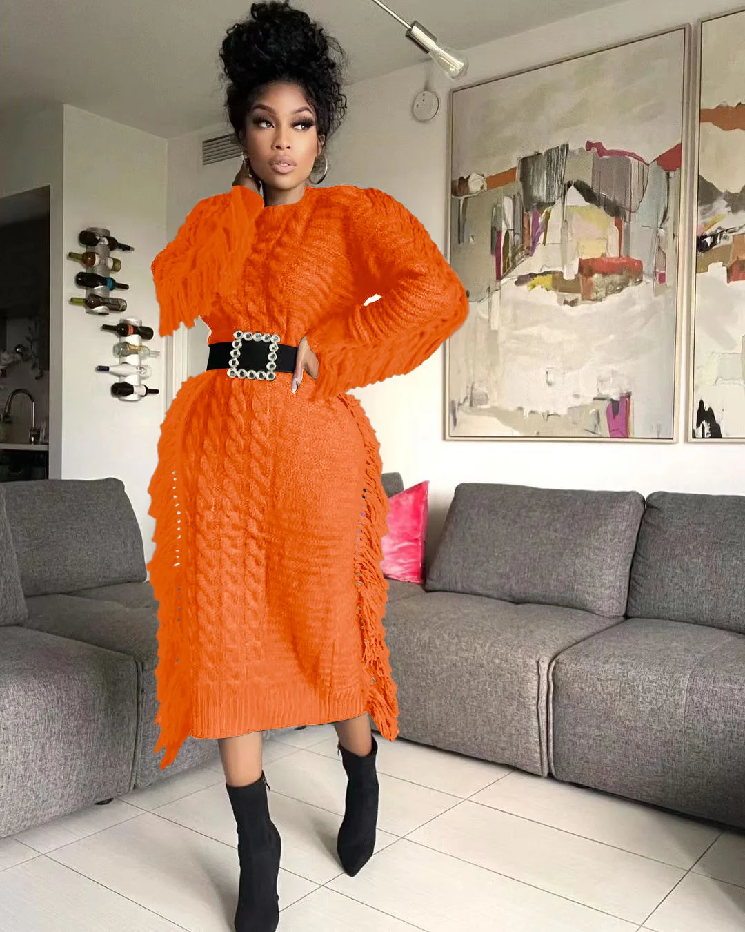 CM.YAYA Women Long Sleeve Tassel Bodycon Midi Knit Straight Maxi Dress 2023 Autumn Winter O-neck Sweater Vestidos Dresses