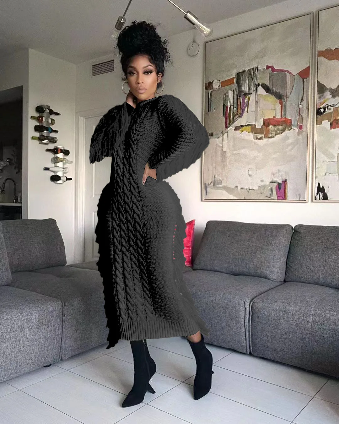 CM.YAYA Women Long Sleeve Tassel Bodycon Midi Knit Straight Maxi Dress 2023 Autumn Winter O-neck Sweater Vestidos Dresses