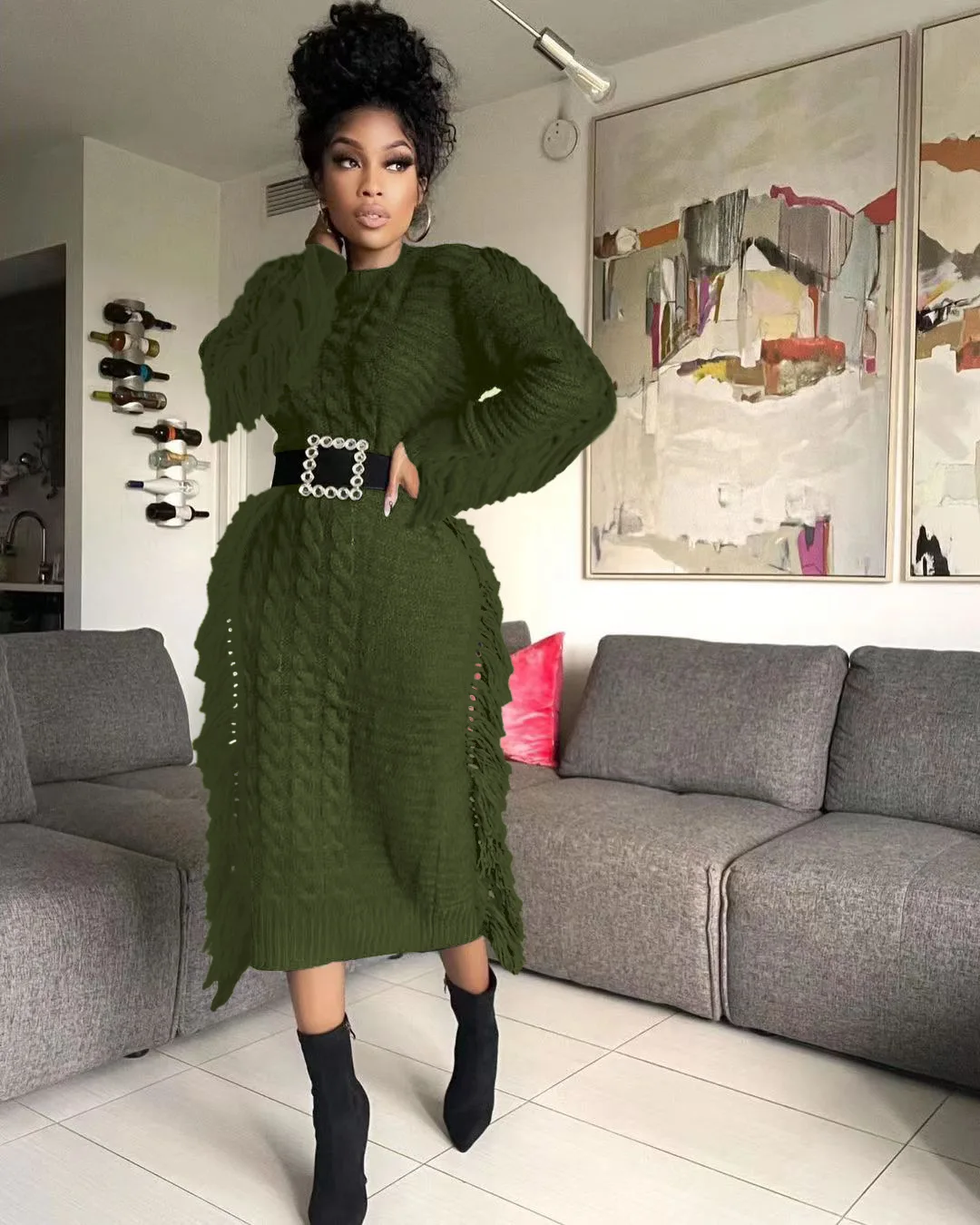 CM.YAYA Women Long Sleeve Tassel Bodycon Midi Knit Straight Maxi Dress 2023 Autumn Winter O-neck Sweater Vestidos Dresses