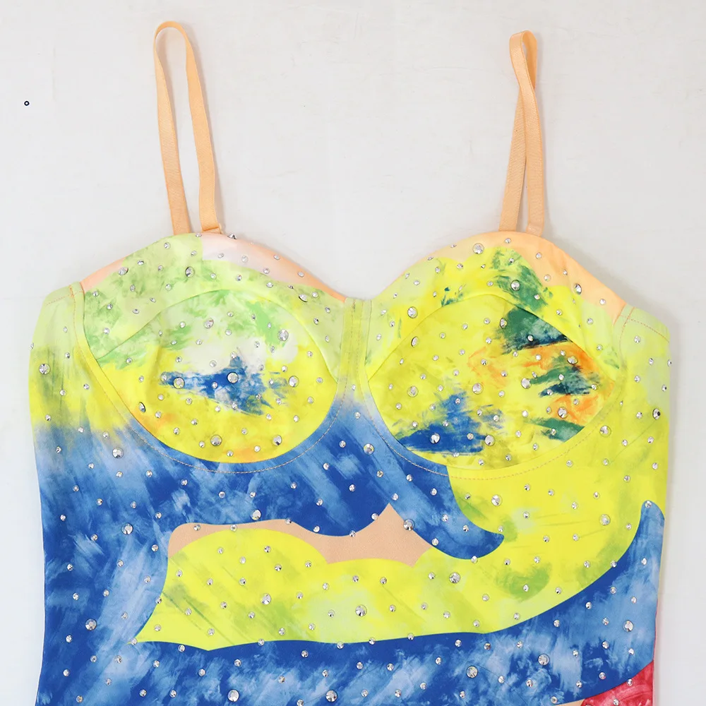 CM.YAYA Women Tie Dye Diamonds Hot Rhinestones Strap Bodycon Midi Dress 2023 Sexy Party Sleeveless Evening Vestidos Dresses