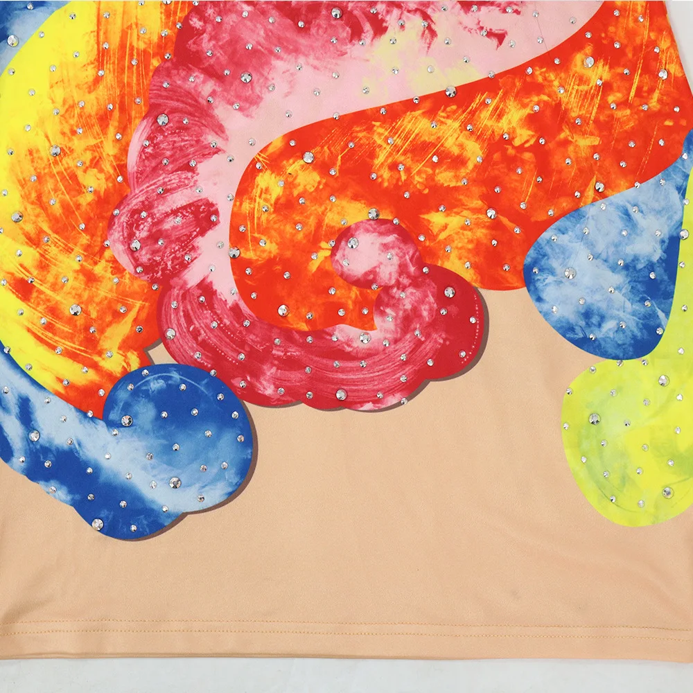 CM.YAYA Women Tie Dye Diamonds Hot Rhinestones Strap Bodycon Midi Dress 2023 Sexy Party Sleeveless Evening Vestidos Dresses