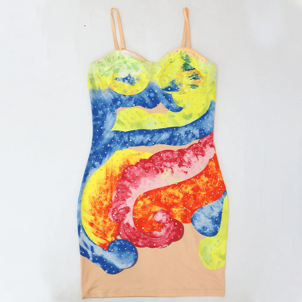 CM.YAYA Women Tie Dye Diamonds Hot Rhinestones Strap Bodycon Midi Dress 2023 Sexy Party Sleeveless Evening Vestidos Dresses