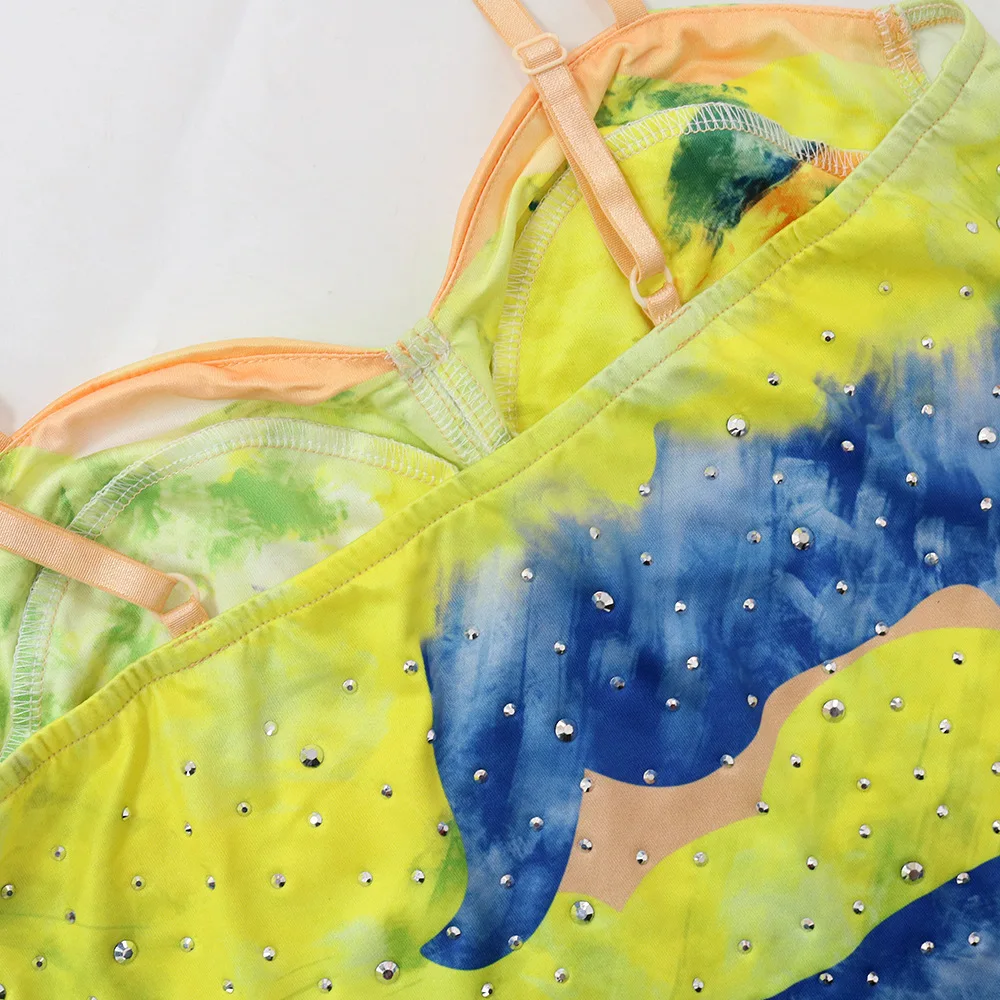 CM.YAYA Women Tie Dye Diamonds Hot Rhinestones Strap Bodycon Midi Dress 2023 Sexy Party Sleeveless Evening Vestidos Dresses