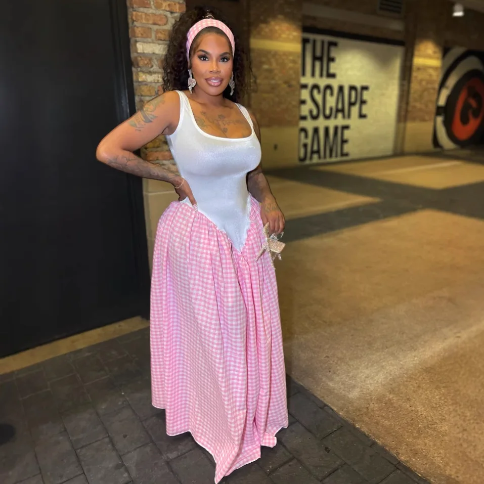 CM.YAYA Women Plaid Print U-Neck Sleeveless Tank Long Dress 2025 Summer Beach Holiday Birthday Sexy Club Party Evening Dresses