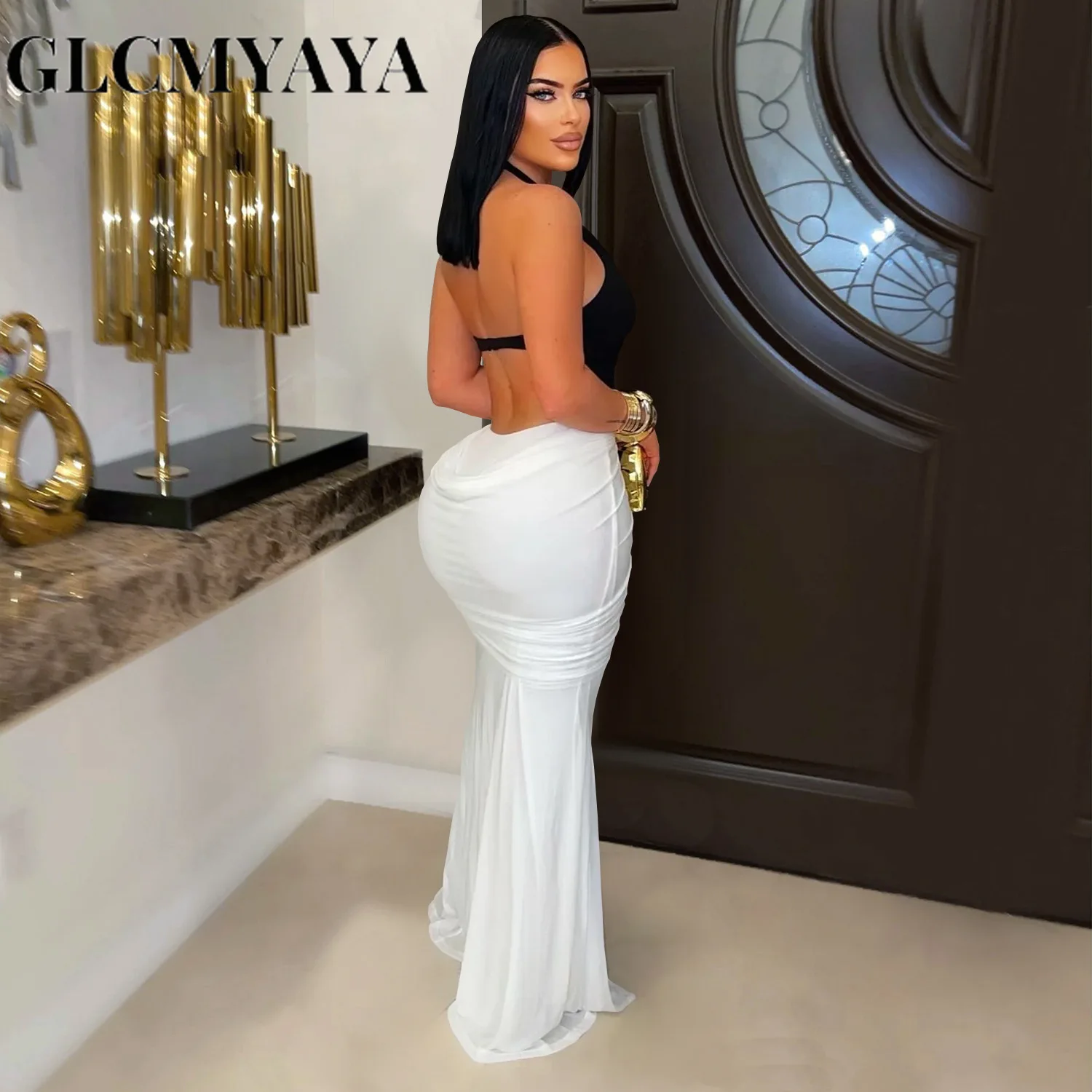 GLCMYAYA Women V-neck Sleeveless Halter Ruched Mermaid Long Dress 2026 Street Birthday Evening Sexy Party Maxi Dresses Vestidos