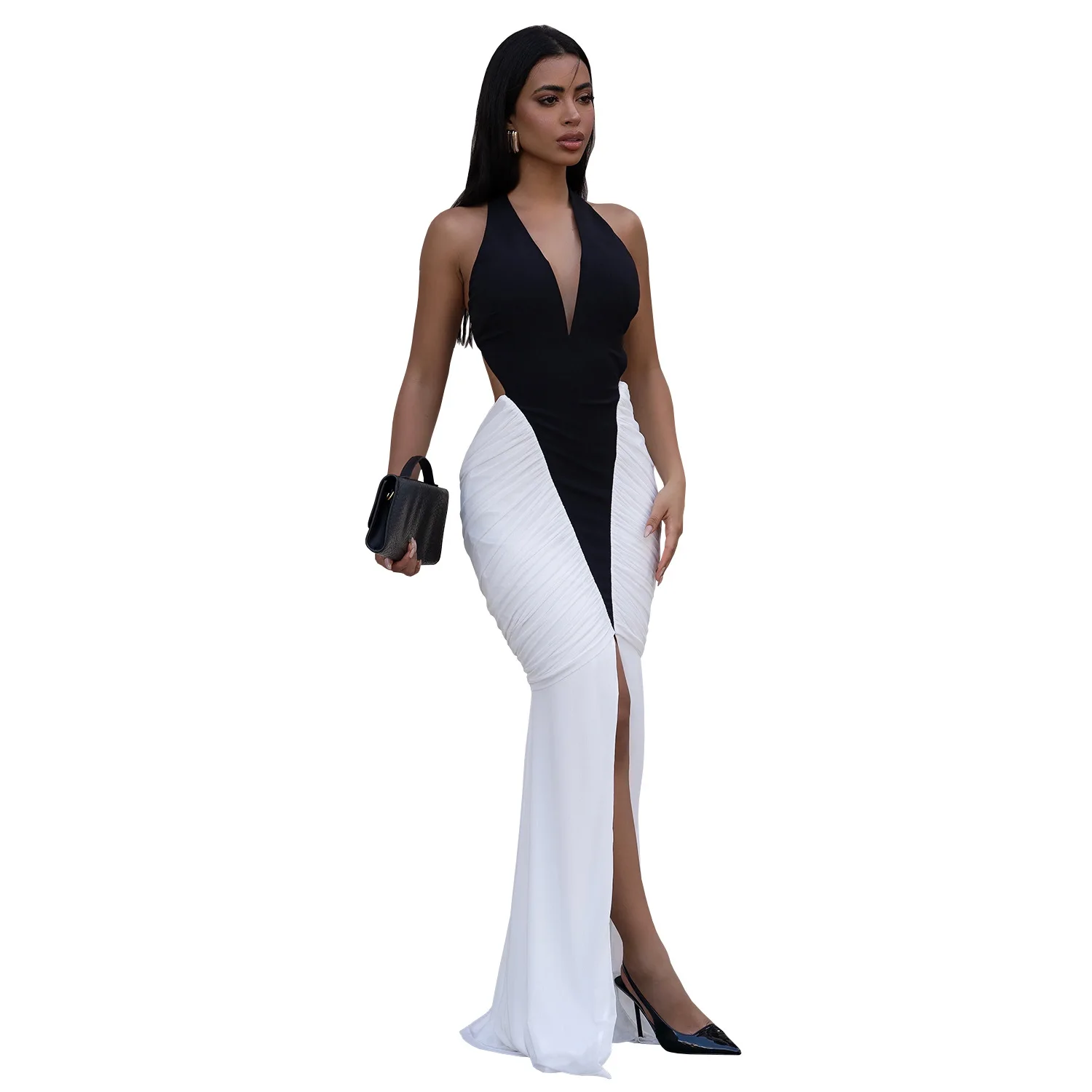 GLCMYAYA Women V-neck Sleeveless Halter Ruched Mermaid Long Dress 2026 Street Birthday Evening Sexy Party Maxi Dresses Vestidos