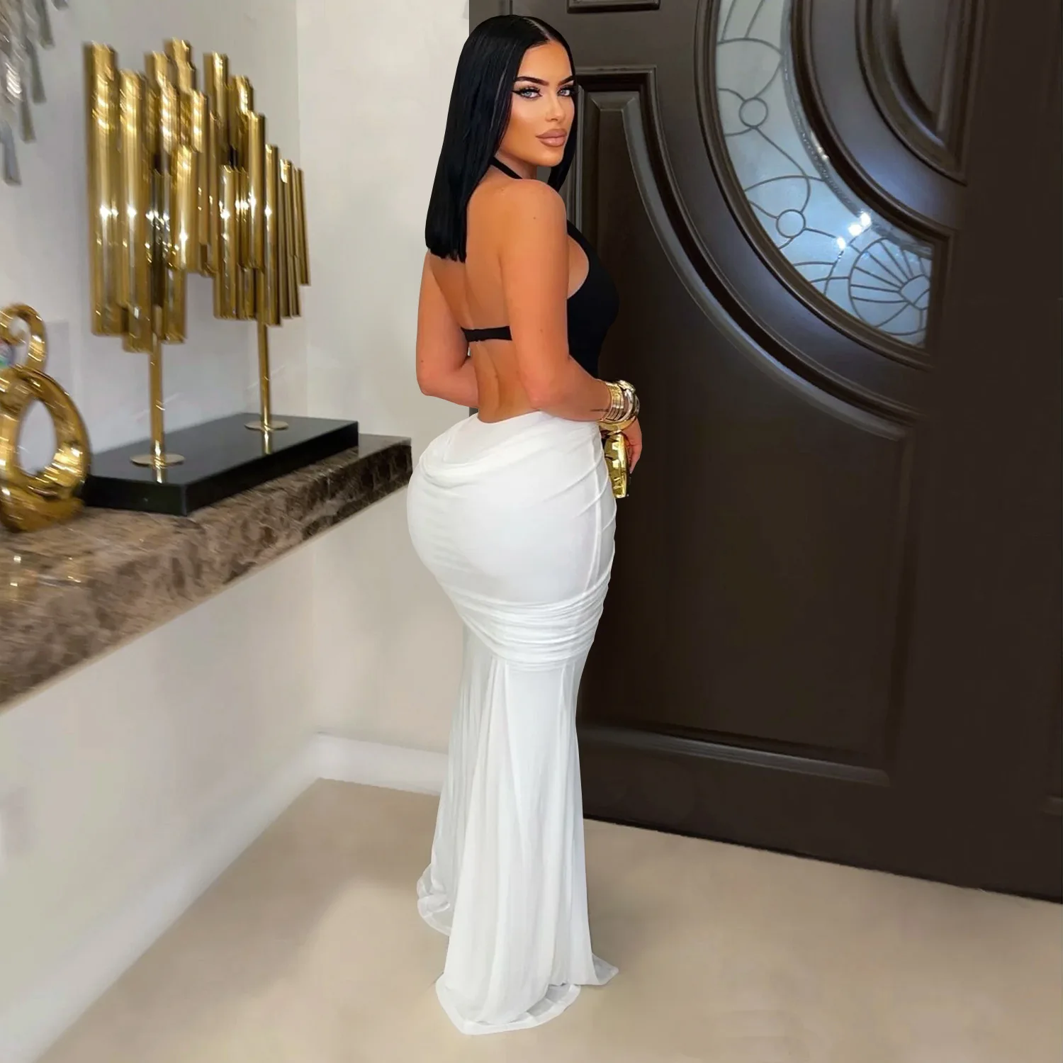 GLCMYAYA Women V-neck Sleeveless Halter Ruched Mermaid Long Dress 2026 Street Birthday Evening Sexy Party Maxi Dresses Vestidos