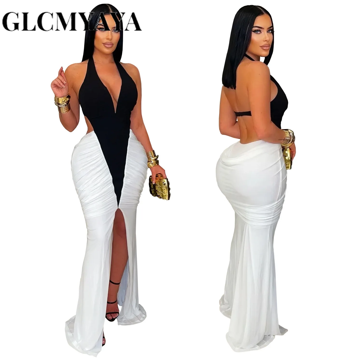 GLCMYAYA Women V-neck Sleeveless Halter Ruched Mermaid Long Dress 2026 Street Birthday Evening Sexy Party Maxi Dresses Vestidos