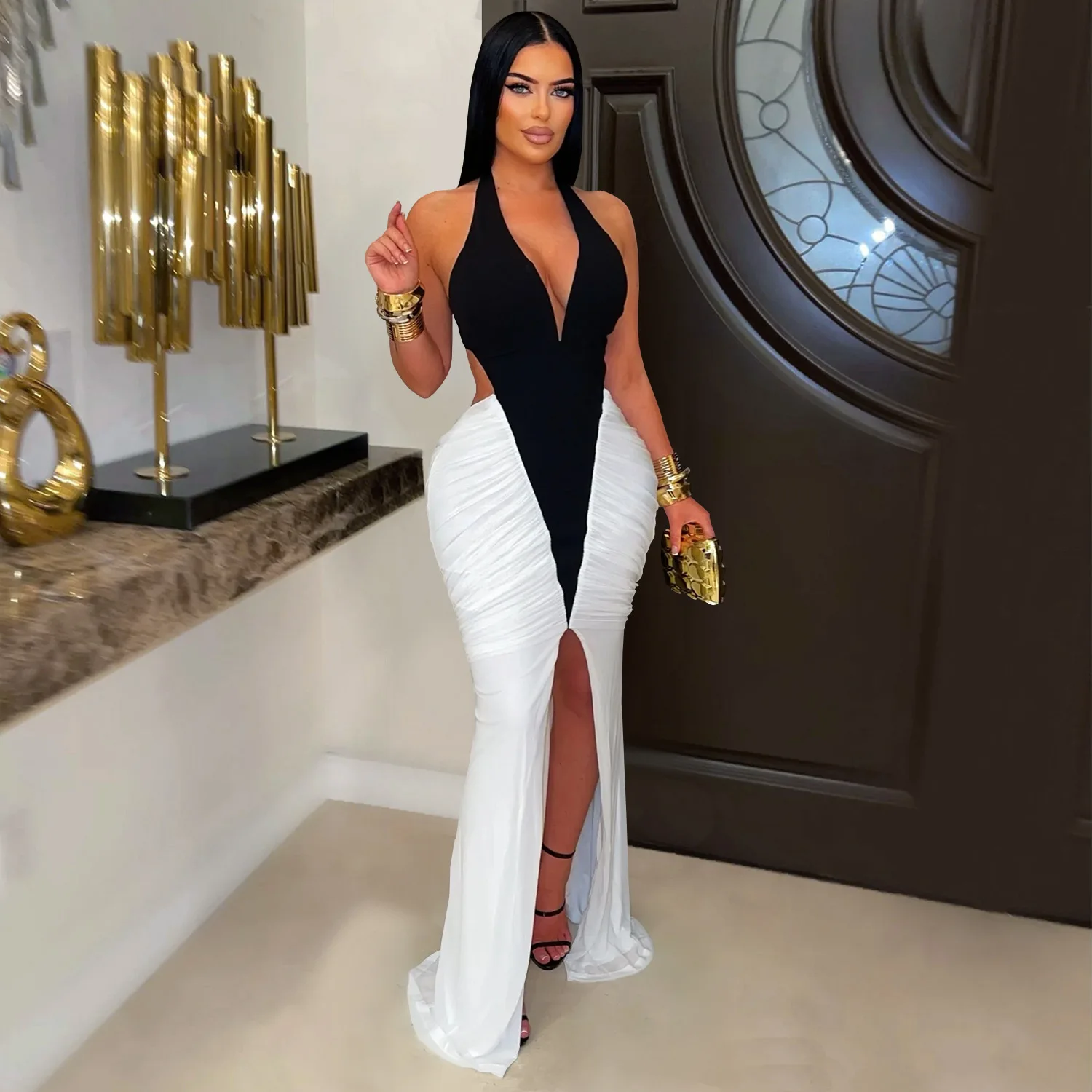 GLCMYAYA Women V-neck Sleeveless Halter Ruched Mermaid Long Dress 2026 Street Birthday Evening Sexy Party Maxi Dresses Vestidos