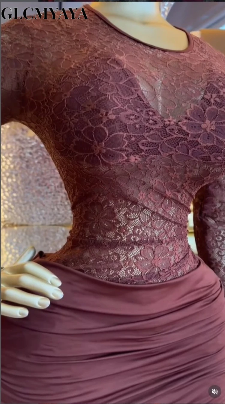 CM.YAYA Women Lace Patchwork Long Sleeve Stacked Ruched Midi Formal Dress 2026 Education Party Cocktail Street Fashion Dresses