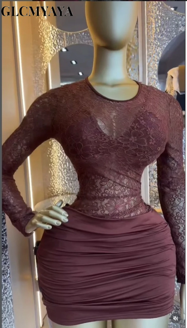 CM.YAYA Women Lace Patchwork Long Sleeve Stacked Ruched Midi Formal Dress 2026 Education Party Cocktail Street Fashion Dresses