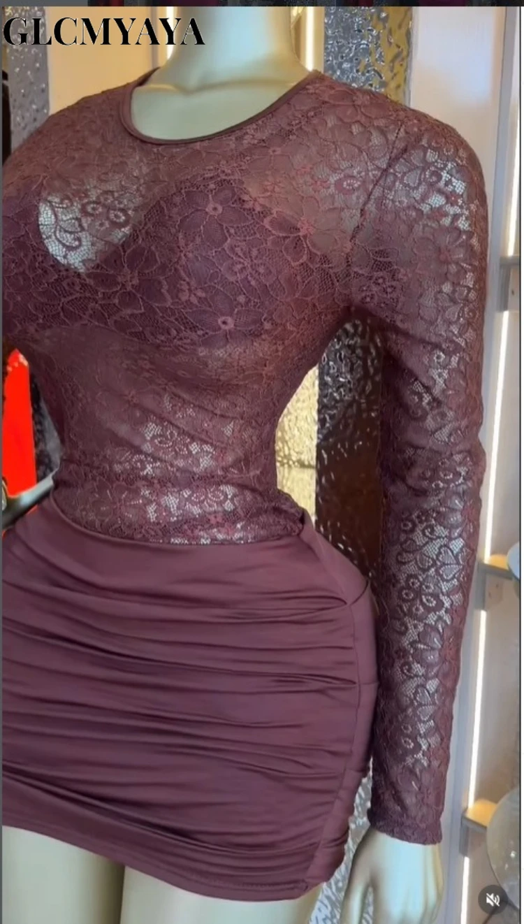 CM.YAYA Women Lace Patchwork Long Sleeve Stacked Ruched Midi Formal Dress 2026 Education Party Cocktail Street Fashion Dresses