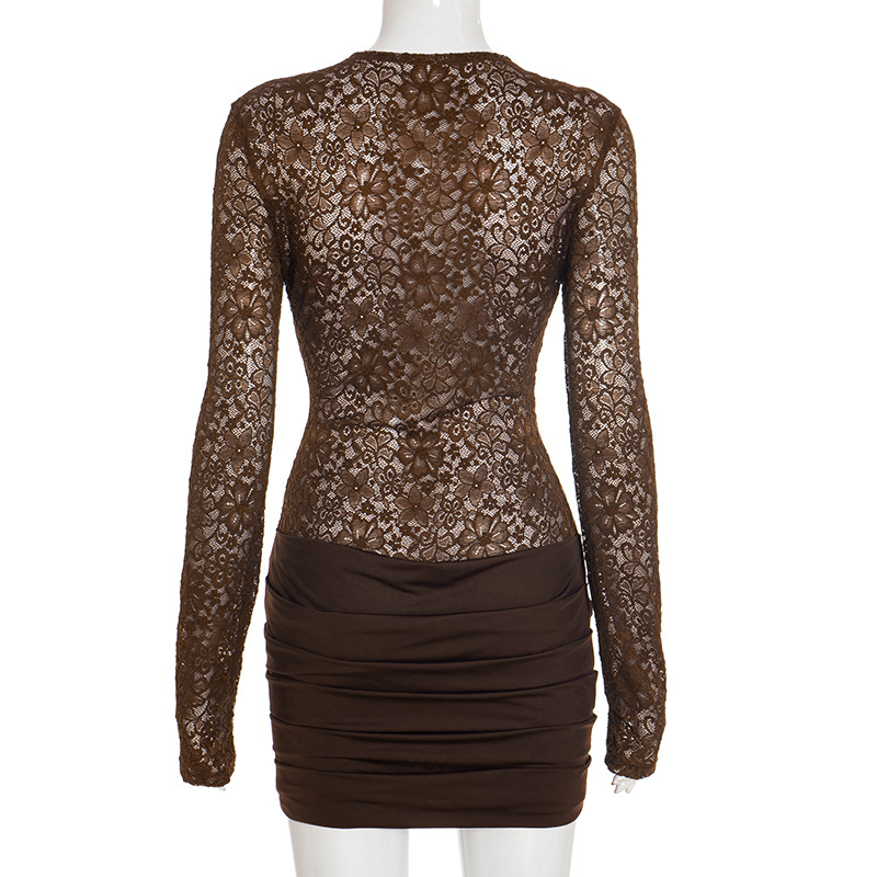 CM.YAYA Women Lace Patchwork Long Sleeve Stacked Ruched Midi Formal Dress 2026 Education Party Cocktail Street Fashion Dresses