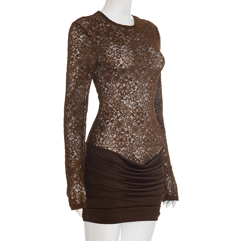 CM.YAYA Women Lace Patchwork Long Sleeve Stacked Ruched Midi Formal Dress 2026 Education Party Cocktail Street Fashion Dresses