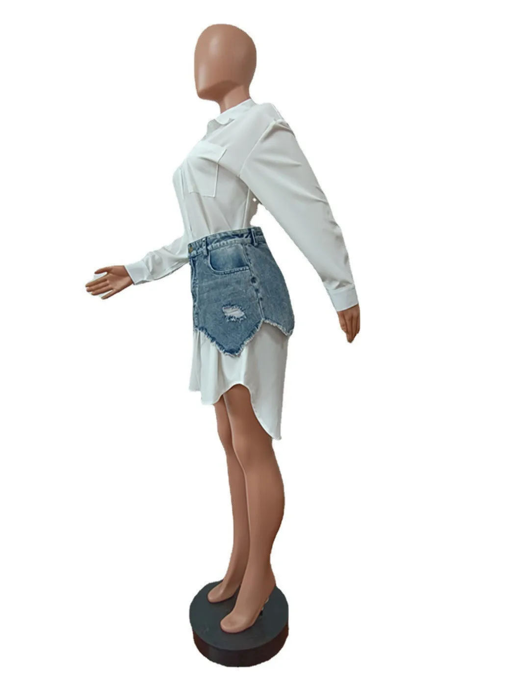 CM.YAYA Vintage Women Long Sleeve Turn-down Collar Shirt Blouse Style Dress with Denim Jean Irregular Mini Skirt Two 2 Piece Set