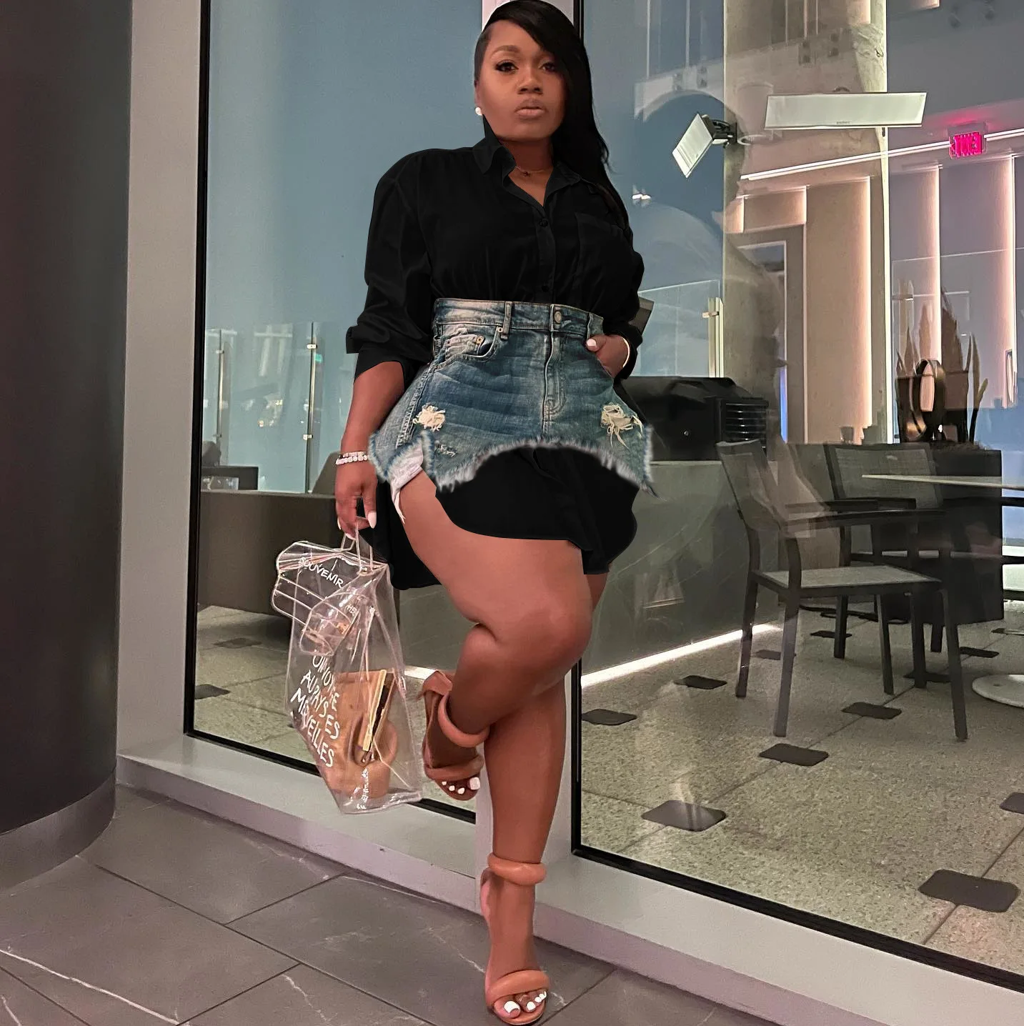 CM.YAYA Vintage Women Long Sleeve Turn-down Collar Shirt Blouse Style Dress with Denim Jean Irregular Mini Skirt Two 2 Piece Set