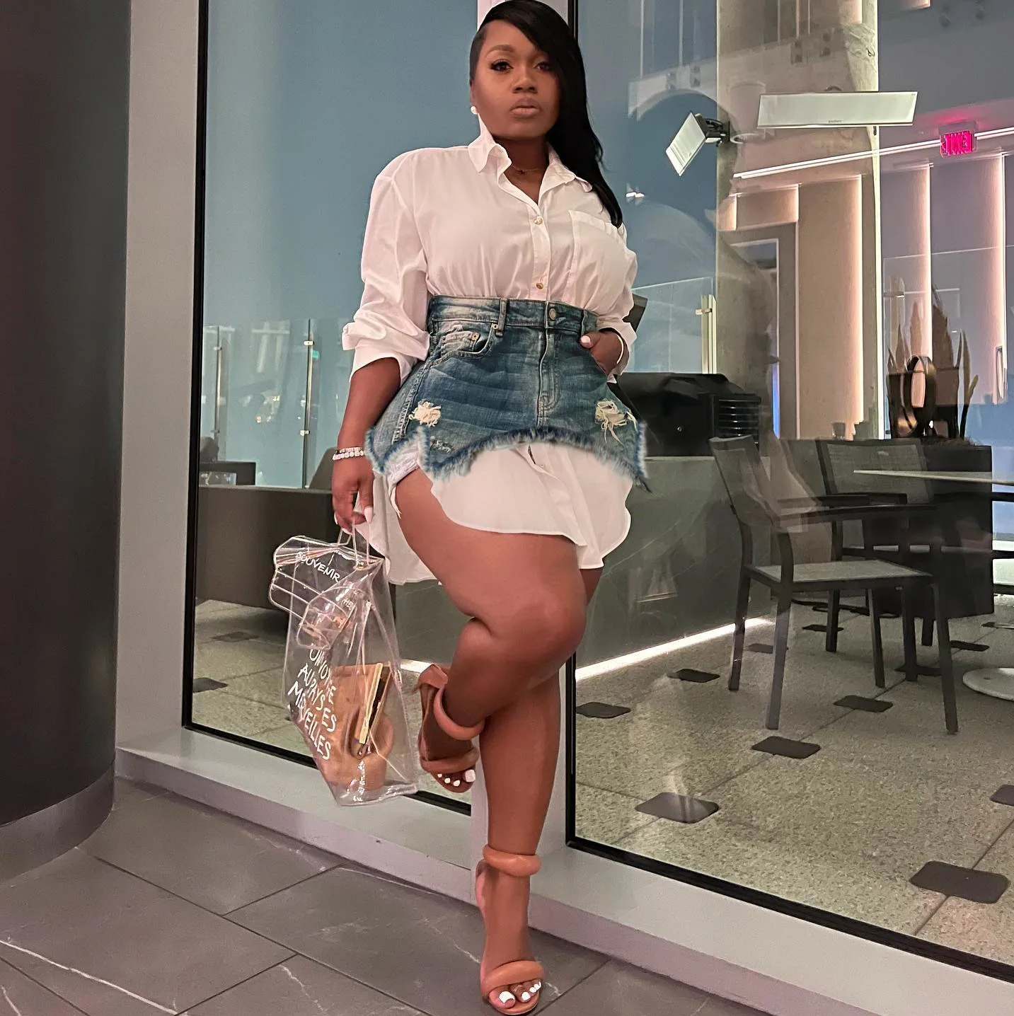 CM.YAYA Vintage Women Long Sleeve Turn-down Collar Shirt Blouse Style Dress with Denim Jean Irregular Mini Skirt Two 2 Piece Set