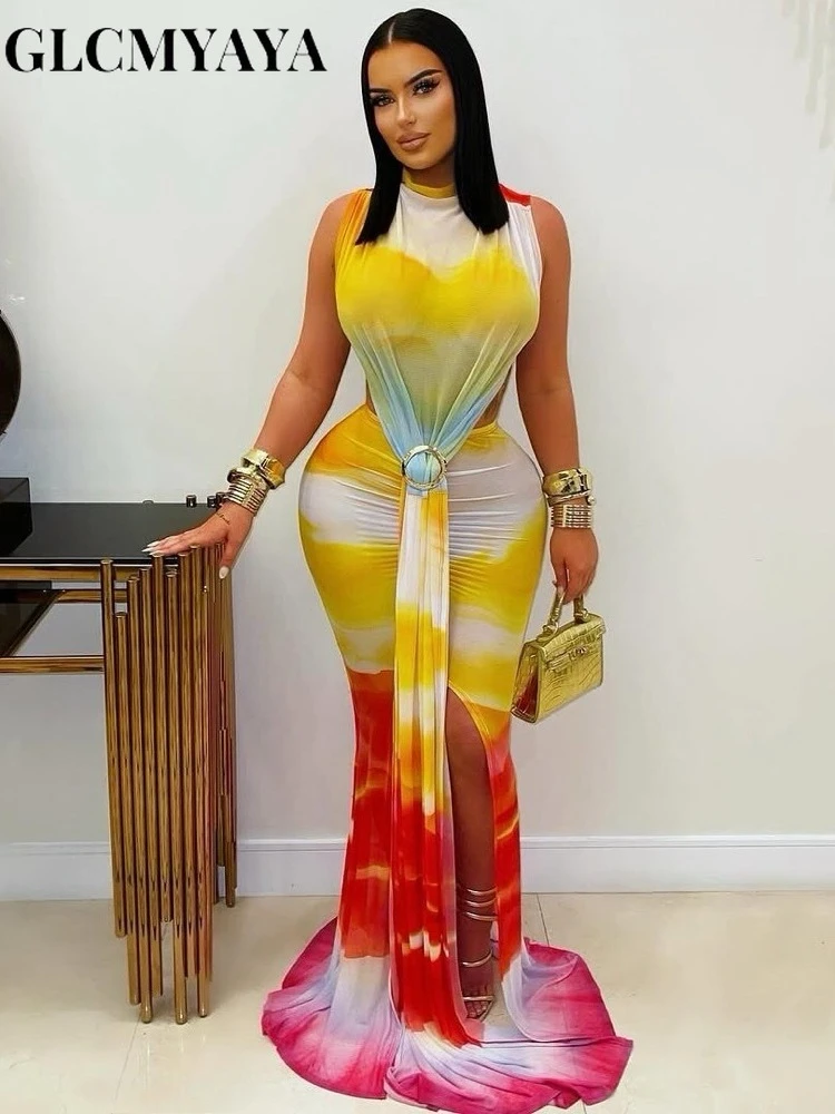 CM.YAYA Women O-neck High Split Stacked Print Bodycon Long Maxi Dress 2025 Birthday Evening Party Vestidos Sexy Chic Dresses