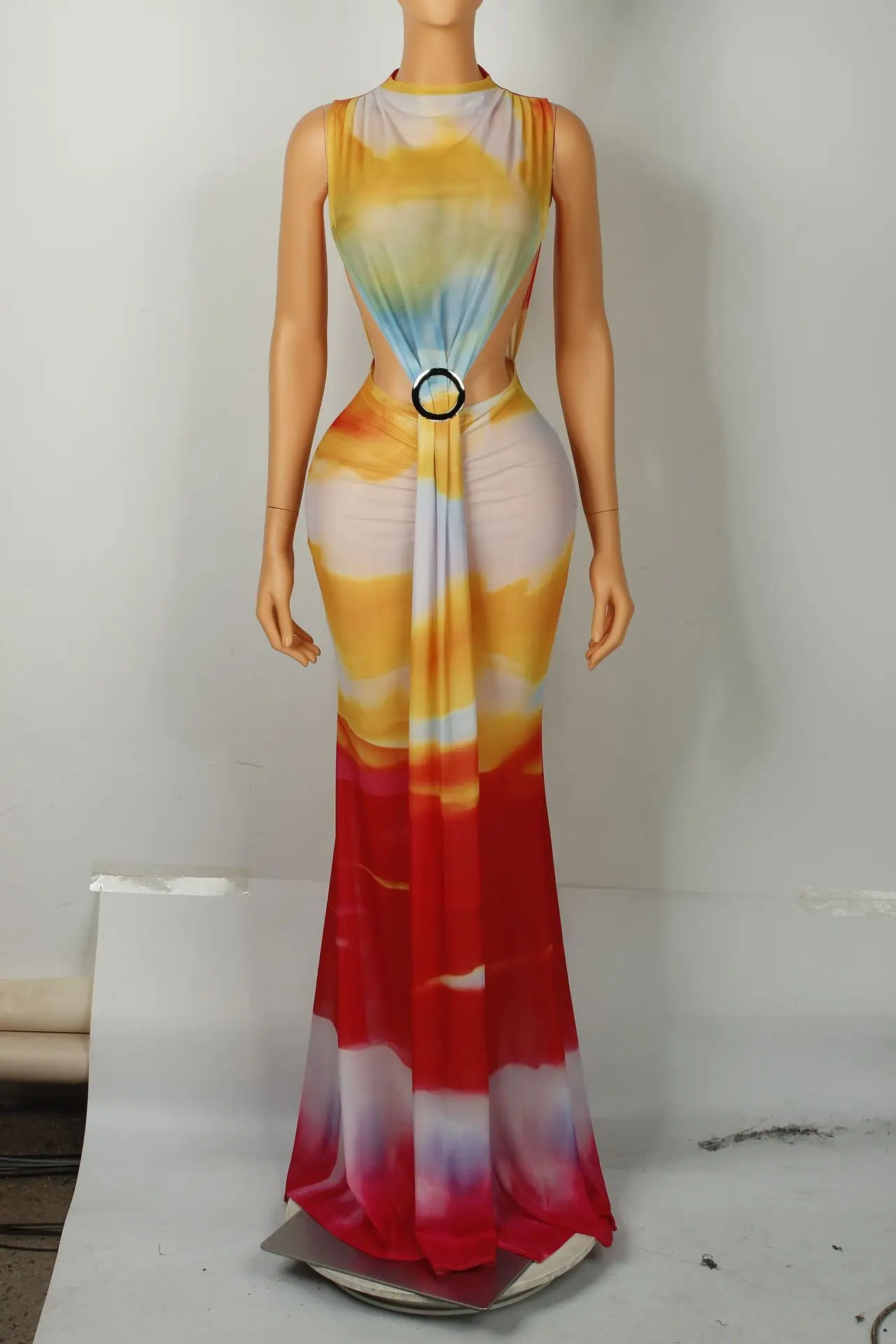 CM.YAYA Women O-neck High Split Stacked Print Bodycon Long Maxi Dress 2025 Birthday Evening Party Vestidos Sexy Chic Dresses