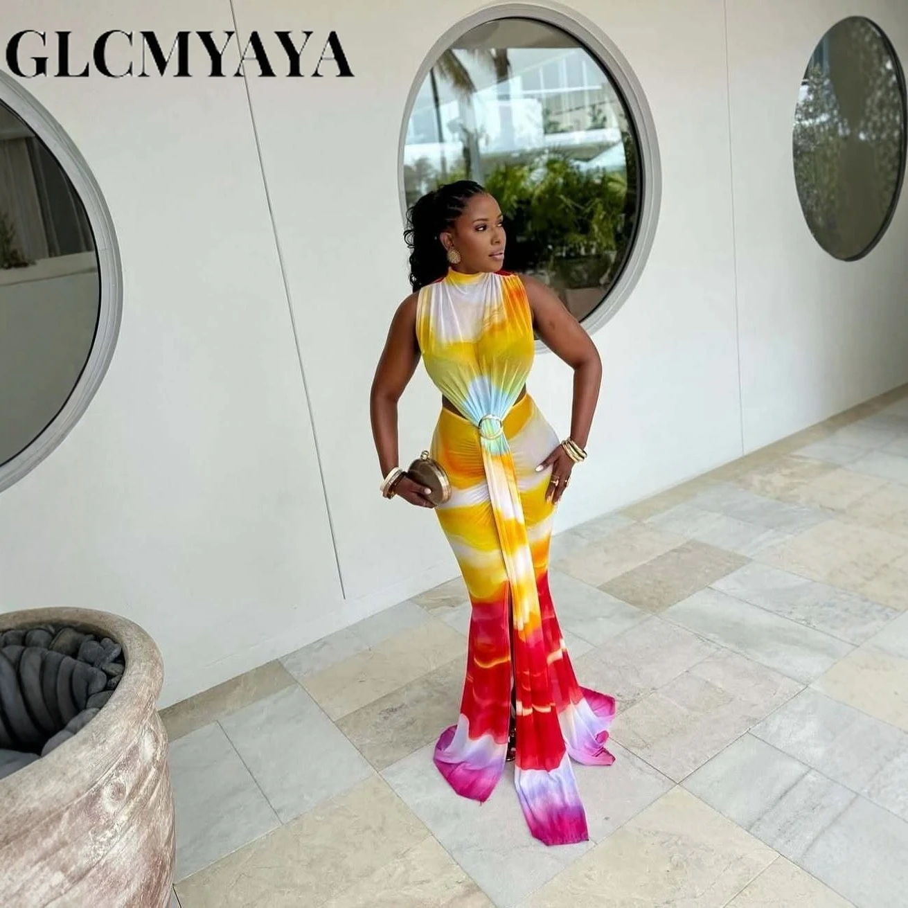 CM.YAYA Women O-neck High Split Stacked Print Bodycon Long Maxi Dress 2025 Birthday Evening Party Vestidos Sexy Chic Dresses