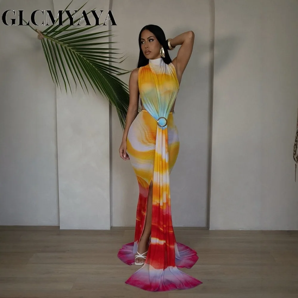 CM.YAYA Women O-neck High Split Stacked Print Bodycon Long Maxi Dress 2025 Birthday Evening Party Vestidos Sexy Chic Dresses