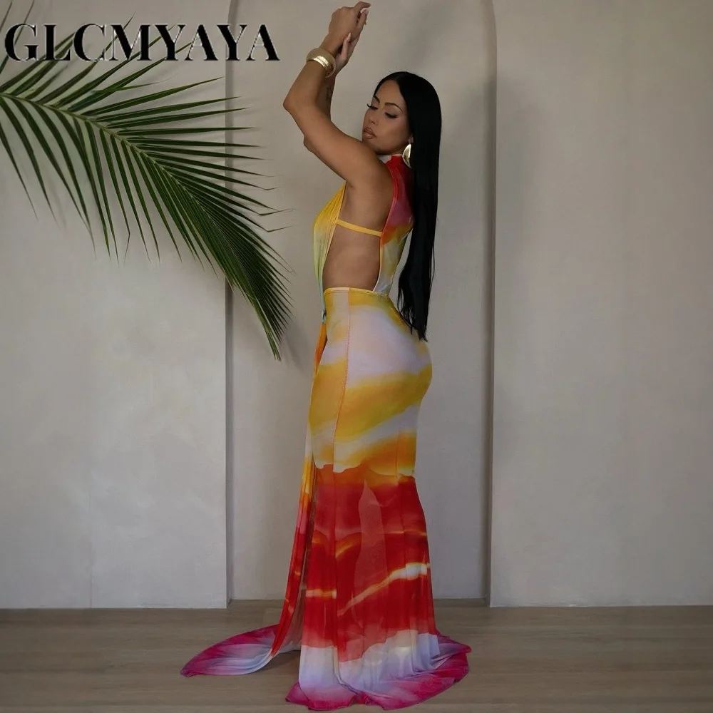 CM.YAYA Women O-neck High Split Stacked Print Bodycon Long Maxi Dress 2025 Birthday Evening Party Vestidos Sexy Chic Dresses