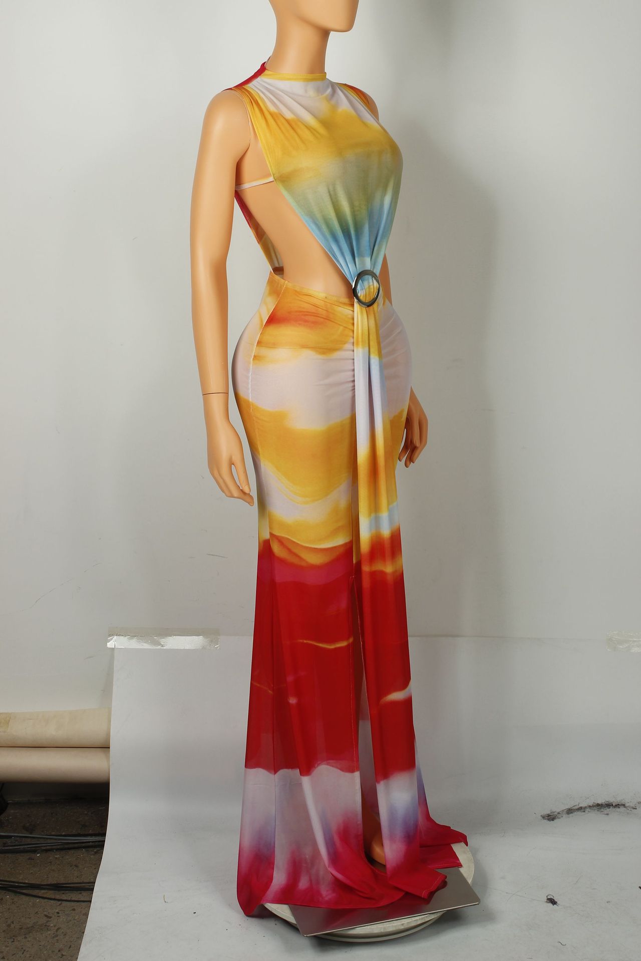 CM.YAYA Women O-neck High Split Stacked Print Bodycon Long Maxi Dress 2025 Birthday Evening Party Vestidos Sexy Chic Dresses