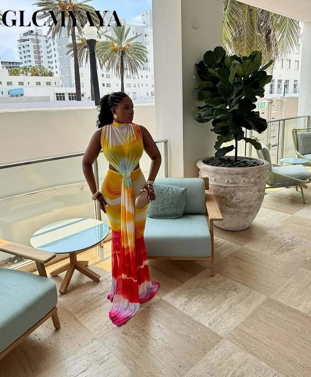 CM.YAYA Women O-neck High Split Stacked Print Bodycon Long Maxi Dress 2025 Birthday Evening Party Vestidos Sexy Chic Dresses