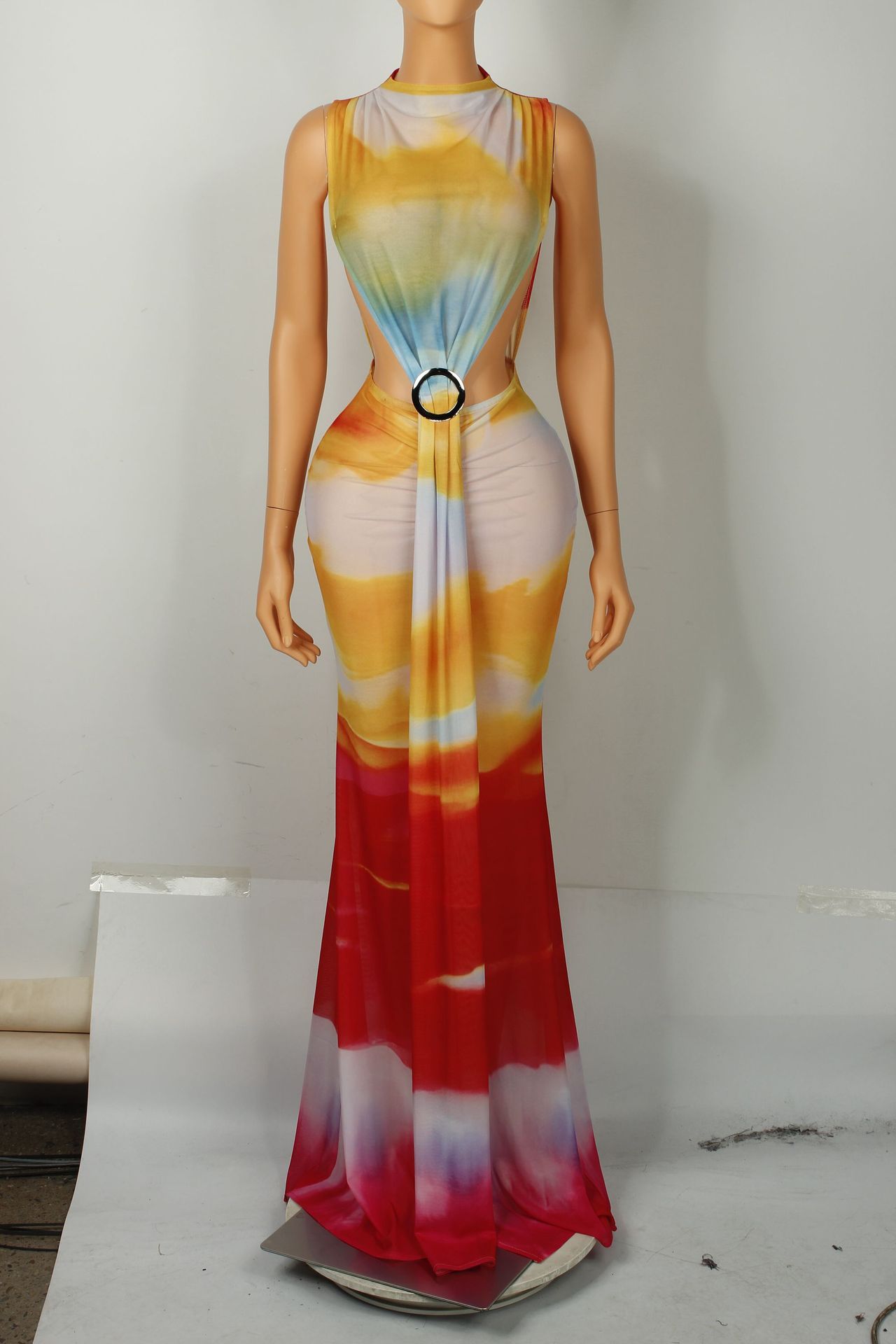 CM.YAYA Women O-neck High Split Stacked Print Bodycon Long Maxi Dress 2025 Birthday Evening Party Vestidos Sexy Chic Dresses