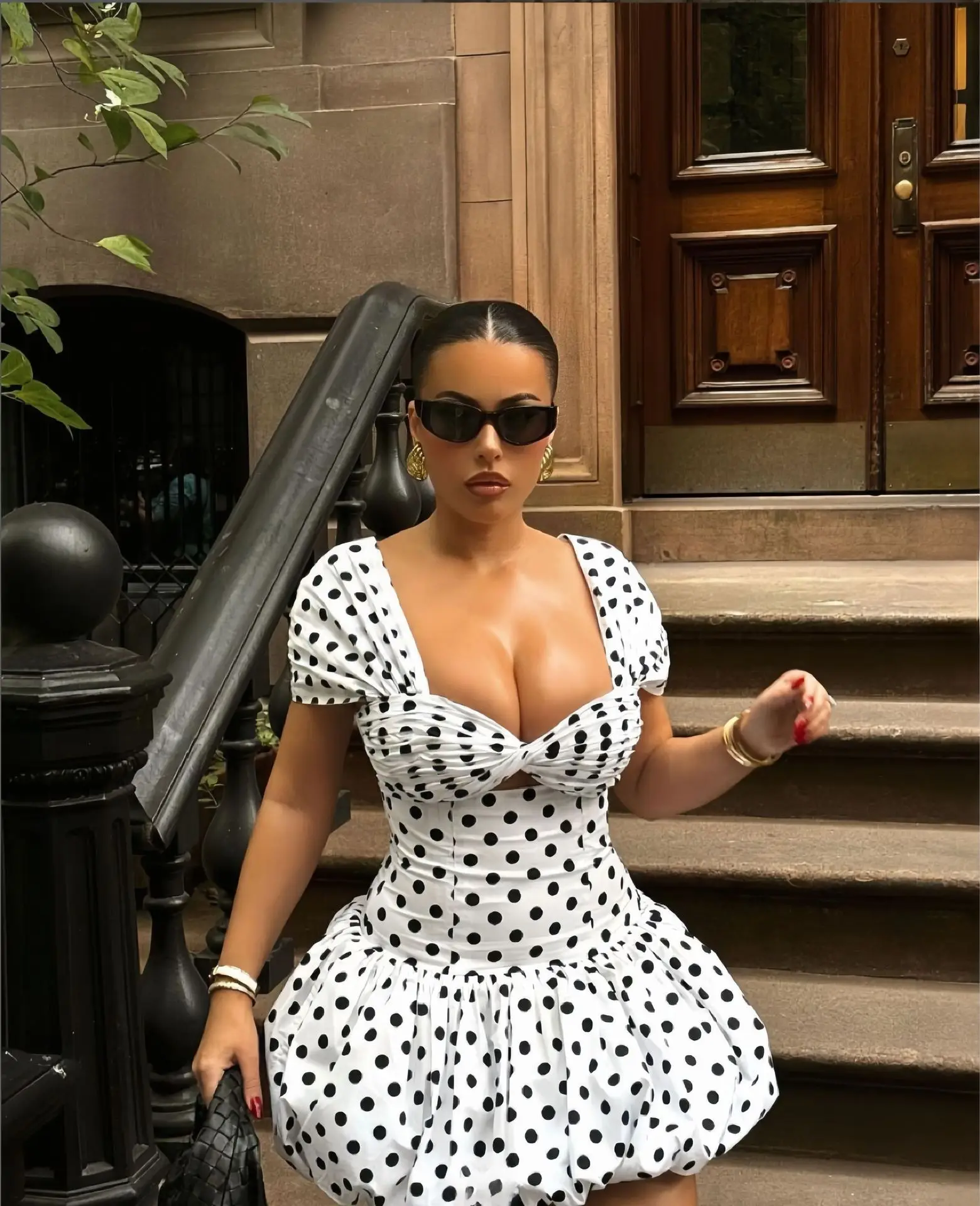 CM.YAYA Women Dot Printed Draped Big Swing Waist Dress 2025 Short Sleeve Evening Sexy Club Party Evening High Street Dresses