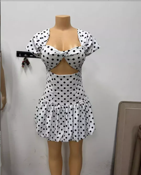 CM.YAYA Women Dot Printed Draped Big Swing Waist Dress 2025 Short Sleeve Evening Sexy Club Party Evening High Street Dresses CM.YAYA Women Dot Printed Draped Big Swing Waist Dress 2025 Short Sleeve Evening Sexy Club Party Evening High Street Dresses