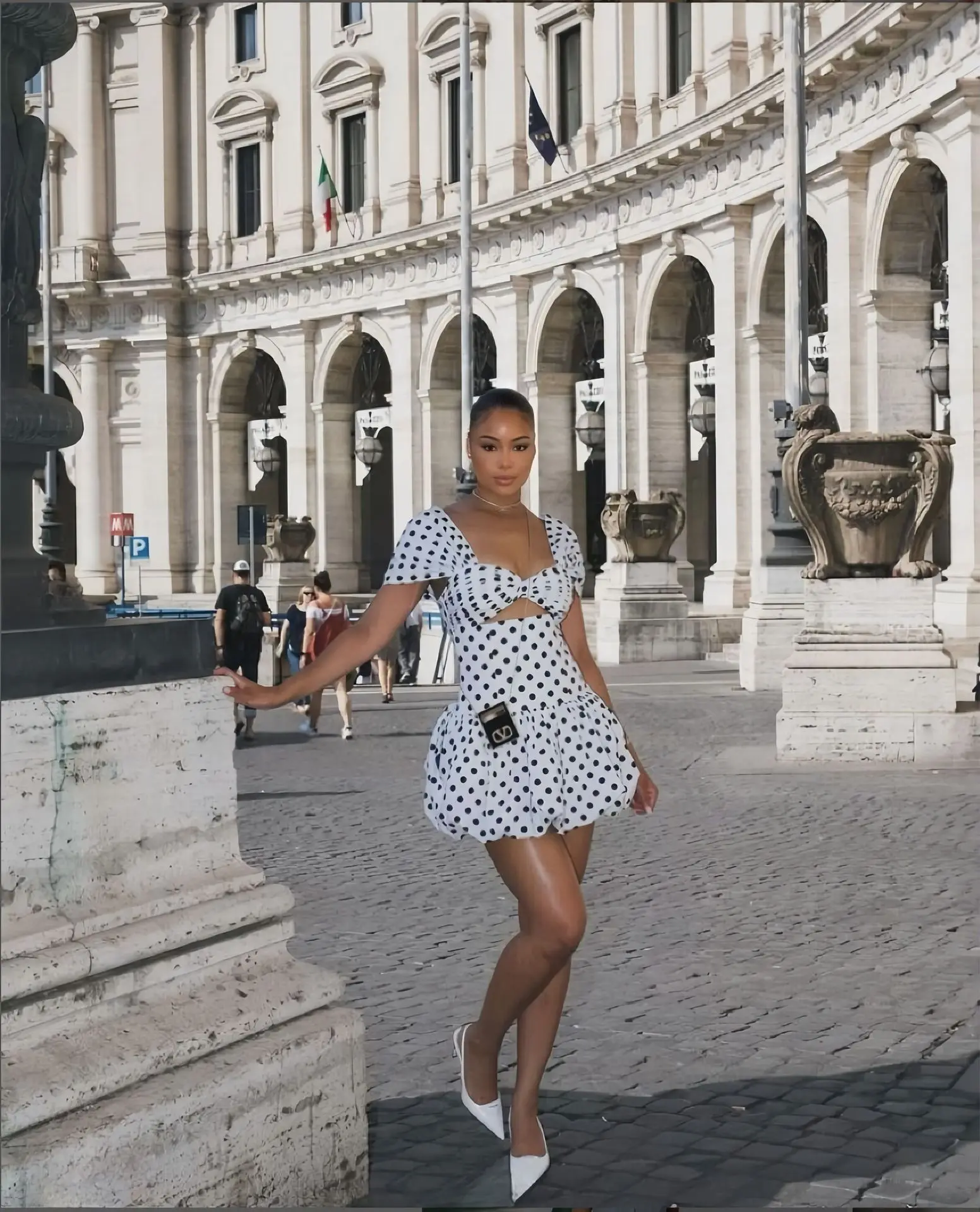 CM.YAYA Women Dot Printed Draped Big Swing Waist Dress 2025 Short Sleeve Evening Sexy Club Party Evening High Street Dresses CM.YAYA Women Dot Printed Draped Big Swing Waist Dress 2025 Short Sleeve Evening Sexy Club Party Evening High Street Dresses